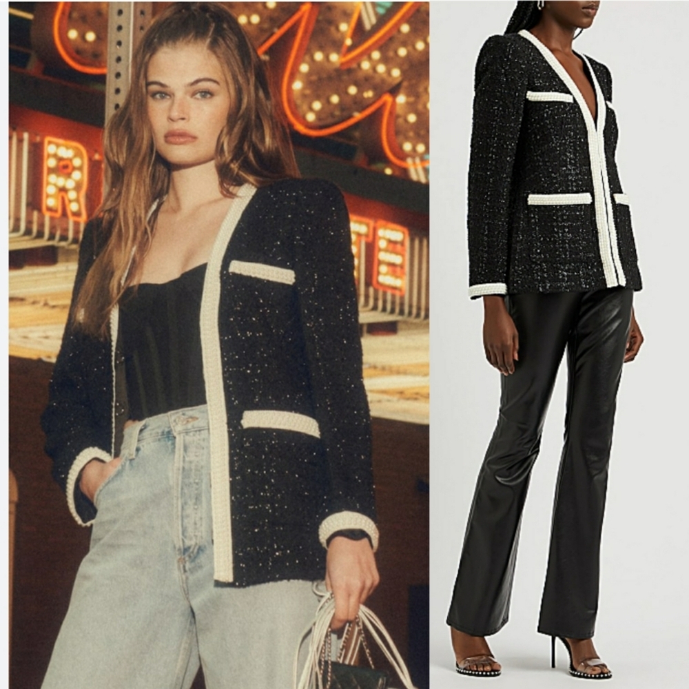 Veronica Beard Kemsley tweed blazer jacket Faux-Pearl Trim Size 6 in black